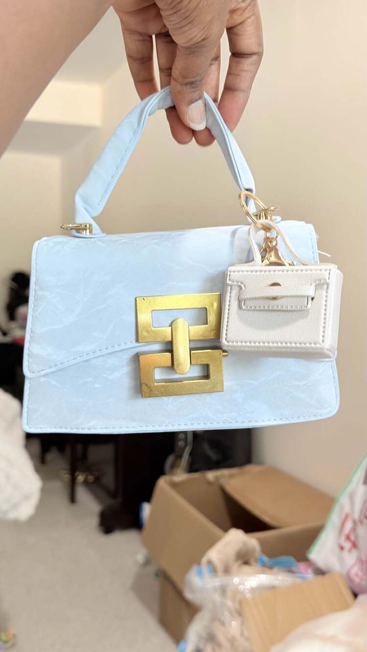 Light Blue Structured Faux Leather Shoulder Bag with Gold Tone Logo Hardware and